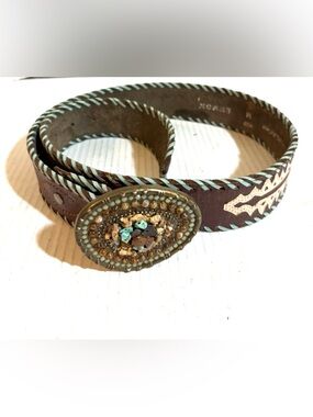 Beaded Oval Buckle Brown Leather Belt with Turquoise Stitching